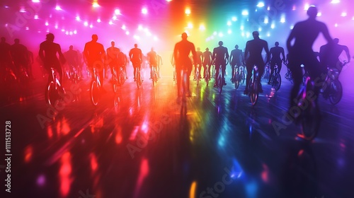 Participants in a spin class cycling intensely under dim lights and colorful spotlights photo