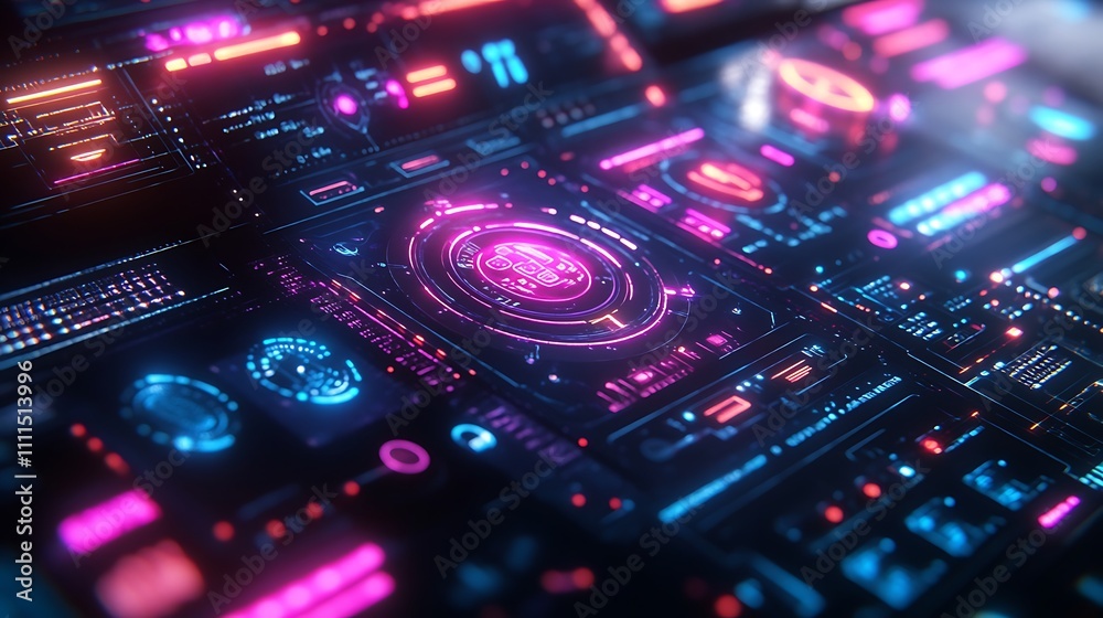 A high-tech control panel interface featuring interactive 3D holographic icons, pulsating neon lights, dynamic animations, intricate grid textures, and seamless futuristic patterns, A high-tech control panel interface featuring interactive 3D holographic icons, pulsating neon lights, dynamic animations, intricate grid textures, and seamless futuristic patterns,