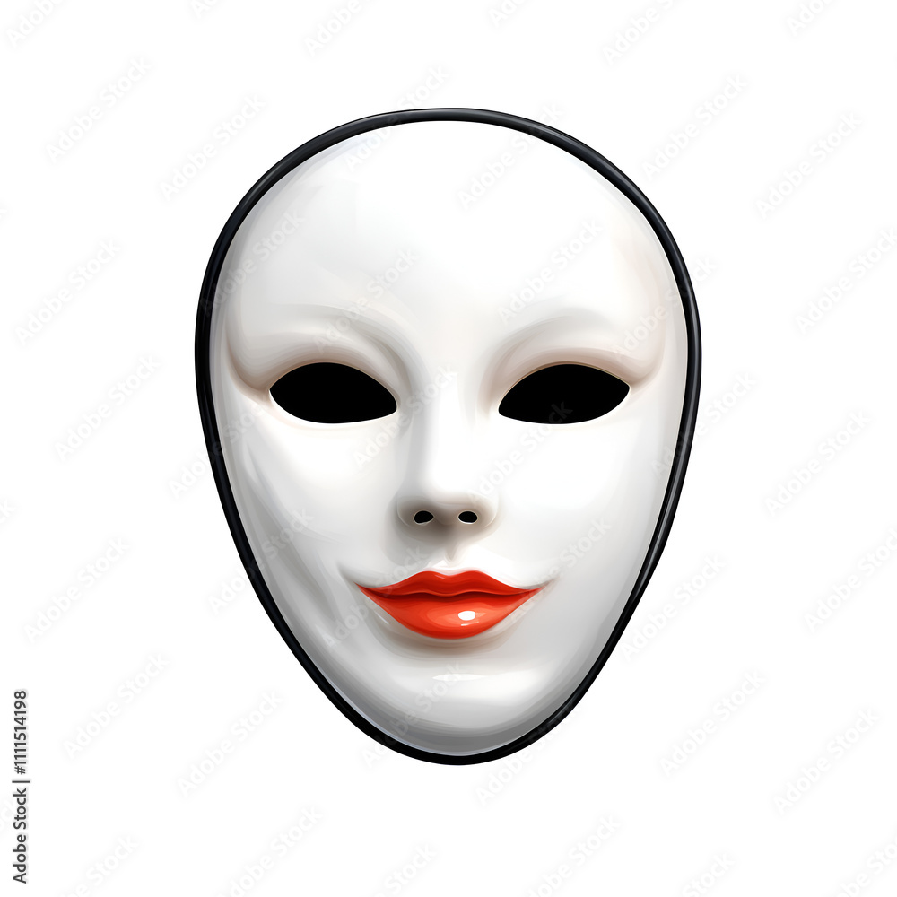 Artistic white mask with a smooth surface and red lips displayed against a plain background Artistic white mask with a smooth surface and red lips displayed against a plain background