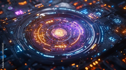 Wallpaper Mural A high-tech energy core interface with rotating energy rings, pulsating neon beams, glowing geometric patterns, layered holographic overlays, and intricate sci-fi textures, Torontodigital.ca