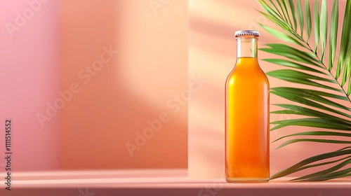 Refreshing Orange Juice Bottle Mockup Summer Drinks Tropical Leaf Pastel Background