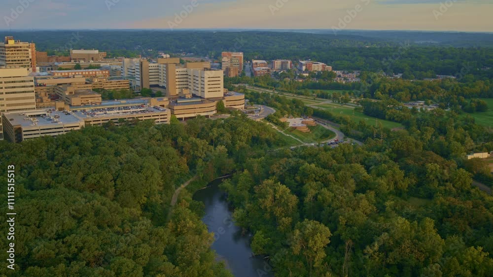 Drone capture of the mist-shrouded Huron River close to Ann Arbor, Michigan. Drone capture of the mist-shrouded Huron River close to Ann Arbor, Michigan.