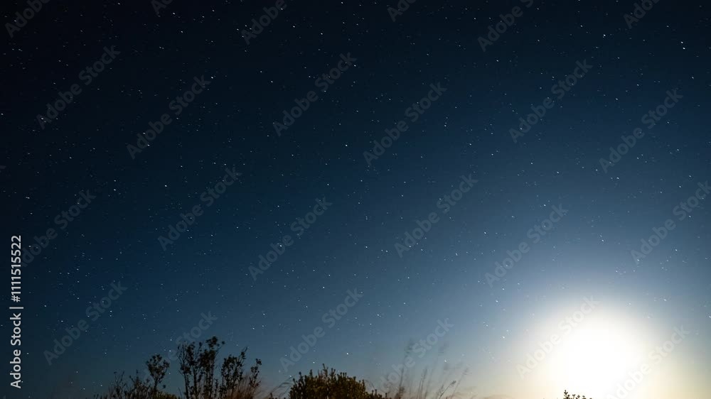 Overnight time lapse of starry night sky galaxy orbiting earth until sunrise on wild game reserve safari in Africa Overnight time lapse of starry night sky galaxy orbiting earth until sunrise on wild game reserve safari in Africa