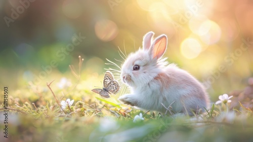 A cute, adorable baby rabbit gazing at a butterfly as it flies nearby, capturing a moment of innocence and natural beauty.