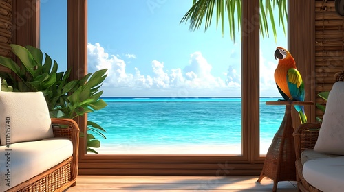 Tropical Beach House Interior Parrot Ocean View Relaxation