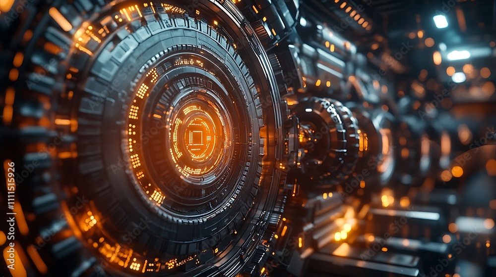 Fototapeta premium A mechanical tech interface with intricate rotating gears, vibrant neon highlights, glowing holographic paths, and dynamic animations, layered with futuristic grid patterns,