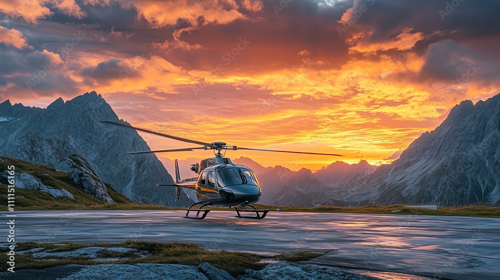 A helicopter sits on a landing pad in the mountains at sunset. A helicopter sits on a landing pad in the mountains at sunset.