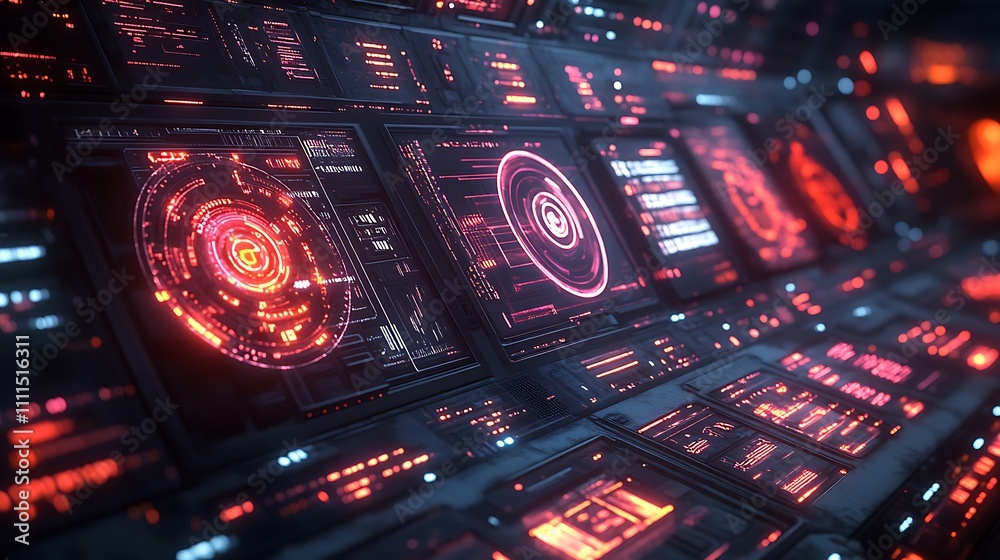 Obraz premium A modular HUD design with abstract panels, pulsating holographic elements, glowing data visuals, dynamic light trails, intricate geometric overlays, and a sleek sci-fi style,