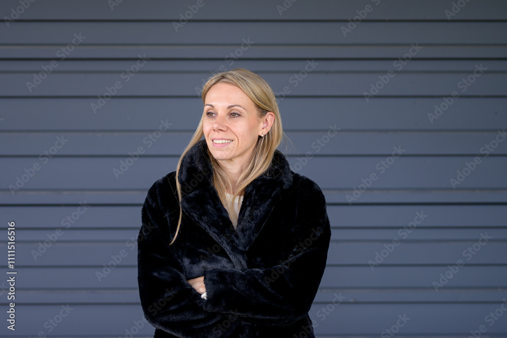 Woman in Black Coat with a Subtle Smile Woman in Black Coat with a Subtle Smile