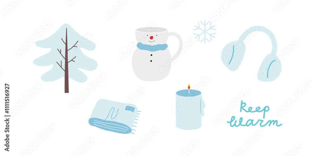 Winter Cozy Icons - Snowman Mug, Tree, Blanket, earmuff- Seasonal Holiday Illustrations
