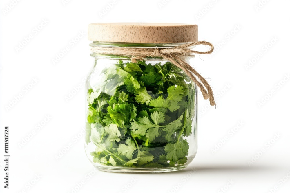 A glass jar with a wooden lid and twine tied around the neck filled with fresh green cilantro A glass jar with a wooden lid and twine tied around the neck filled with fresh green cilantro