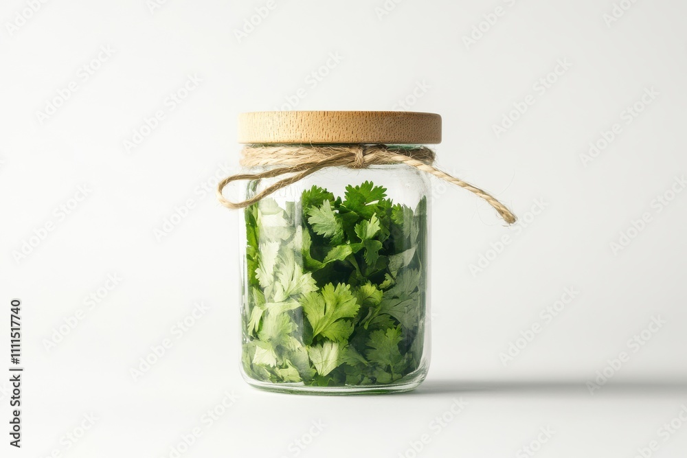 A glass jar with a wooden lid and twine tied around the neck filled with fresh green cilantro A glass jar with a wooden lid and twine tied around the neck filled with fresh green cilantro