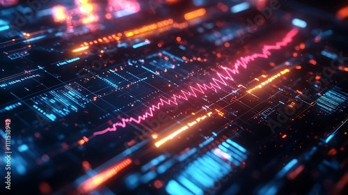 An advanced biometric scanner design with dynamic data overlays of heartbeat monitoring  holographic light trails  rotating geometric animations  vibrant neon patterns 