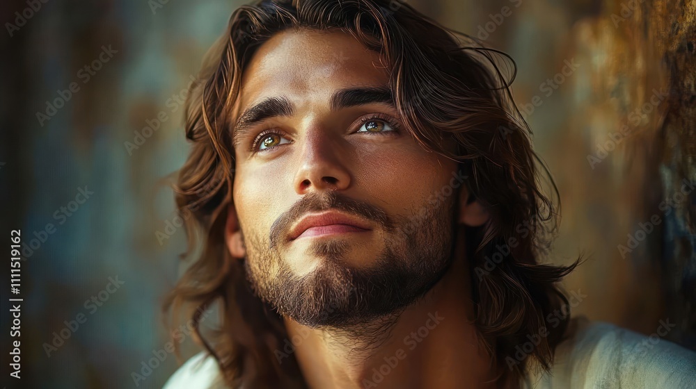 Serene Portrait of Jesus Christ in Classical Style with Long Hair and Gentle Expression Serene Portrait of Jesus Christ in Classical Style with Long Hair and Gentle Expression