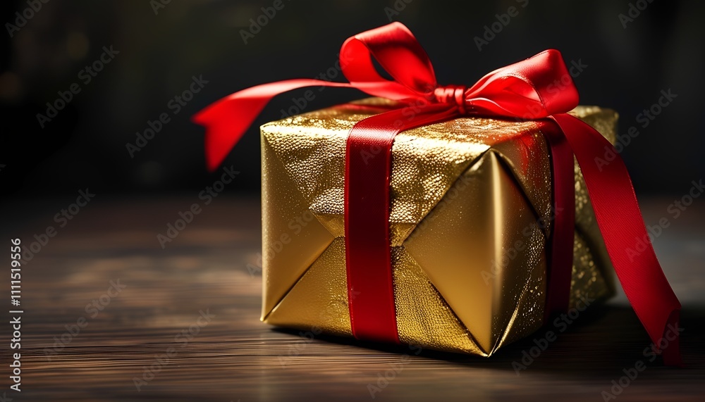A beautifully wrapped gold gift box with a vibrant red ribbon sits on a dark wooden surface. The rich colors and elegant presentation make this image perfect for holiday or special occasion themes A beautifully wrapped gold gift box with a vibrant red ribbon sits on a dark wooden surface. The rich colors and elegant presentation make this image perfect for holiday or special occasion themes