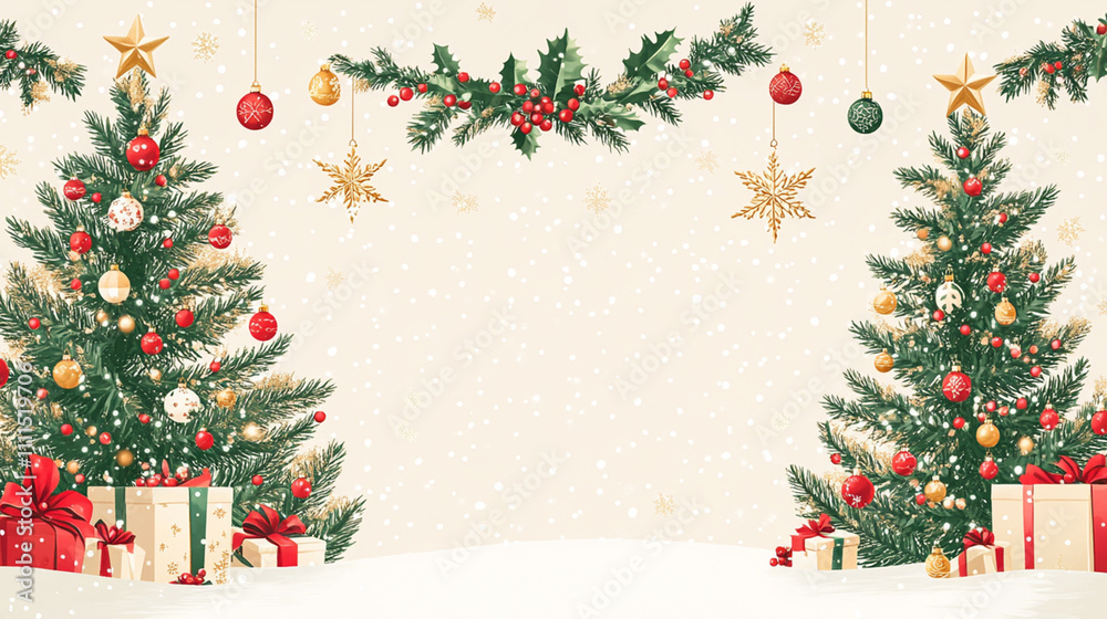 Holiday Scene with Two Christmas Trees and Gift Boxes