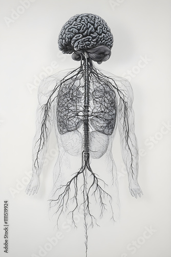 Intricate Illustration of the Central Nervous System: Brain, Spinal Cord, and Branching Nerves photo