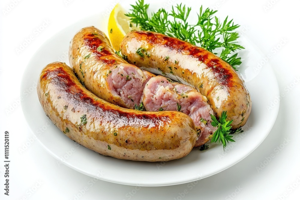 Bratwurst on plate isolated on a white background Bratwurst on plate isolated on a white background