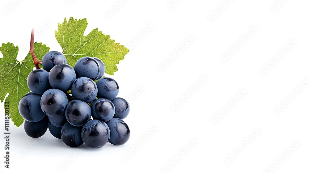Fresh Juicy Black Grapes with Green Leaf Isolated on White Fresh Juicy Black Grapes with Green Leaf Isolated on White