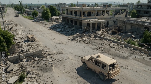 Crumbling Urban Landscape After Intense Conflict Depicting Desolation and Ruins in a War-Torn City Environment Under Blue Skies and Overgrown Vegetation