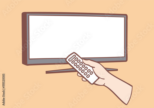 The hand holding the remote is pressing the button to turn on the TV screen. Hand drawn style vector design illustrations.
