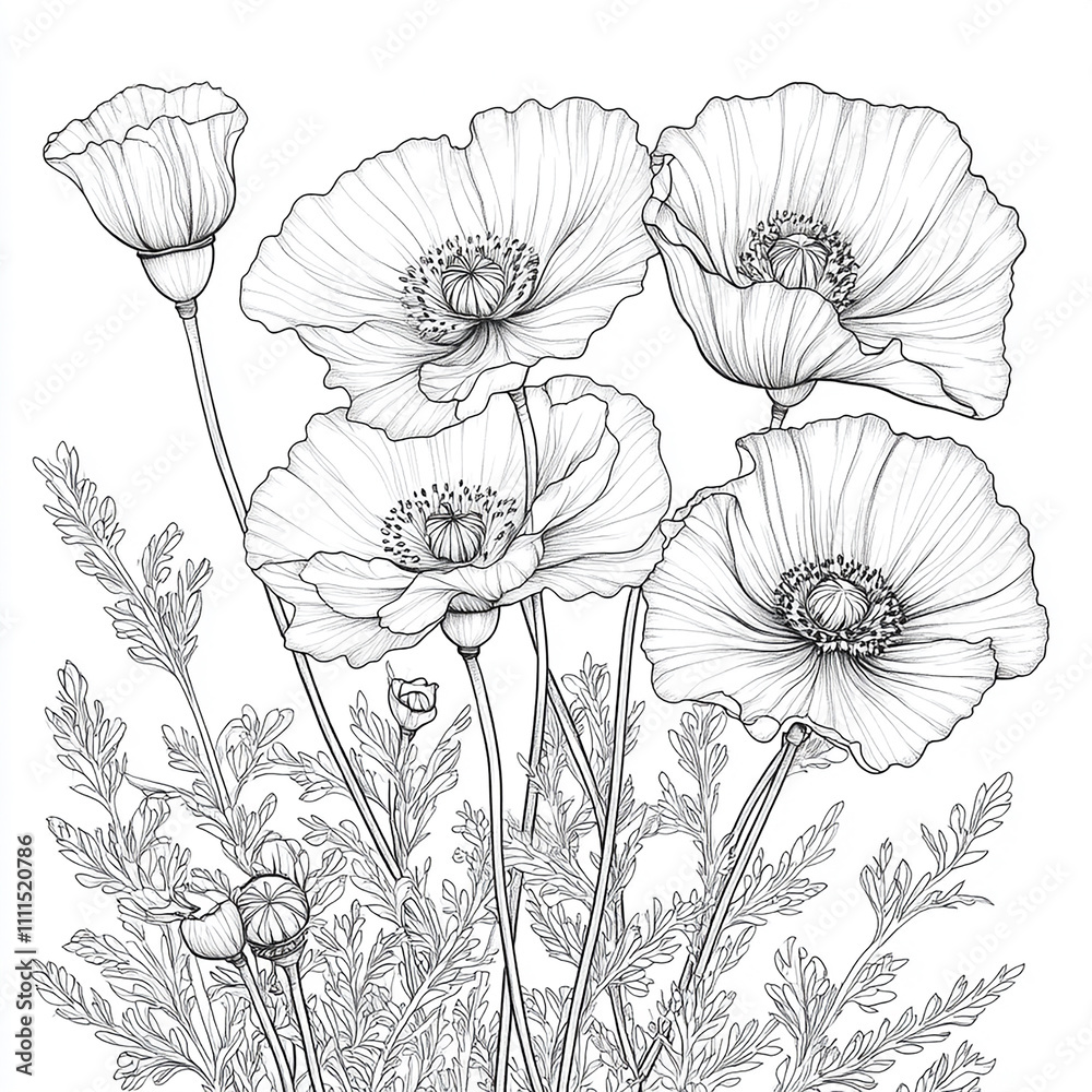 Fototapeta premium poppy flowers - coloring book page for adults and kids