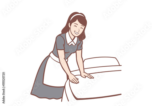 A woman in a cleaning maid outfit is laying out a bed sheet and folding a blanket. Hand drawn style vector design illustrations.
