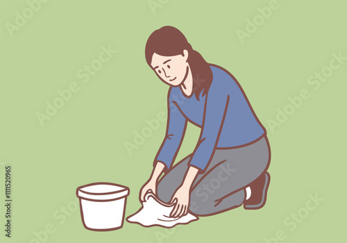 A young woman sits and mops a wet floor with an absorbent cloth. Hand drawn style vector design illustrations.
