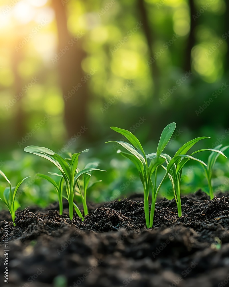 Closeup of tiny green seedlings emerging from rich soil, symbolizing new beginnings and the potential for growth, bright and hopeful atmosphere Closeup of tiny green seedlings emerging from rich soil, symbolizing new beginnings and the potential for growth, bright and hopeful atmosphere