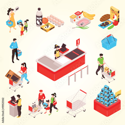 Supermarket isometric set with products offer promotion section trolley cart basket customers cashier white background