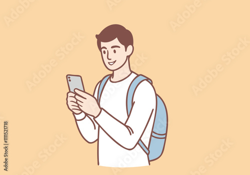 A backpacker tourist is taking photos with his mobile phone. Hand drawn style vector design illustrations.
