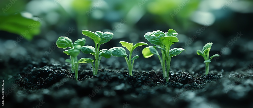 Young green seedlings emerging from dark, healthy soil, symbolizing the connection between soil conservation and sustainable agricultural growth