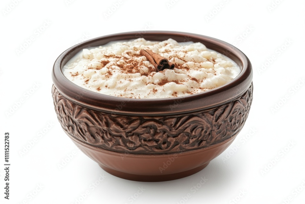 Creamy rice pudding topped with cinnamon in a brown bowl isolated on white background Creamy rice pudding topped with cinnamon in a brown bowl isolated on white background