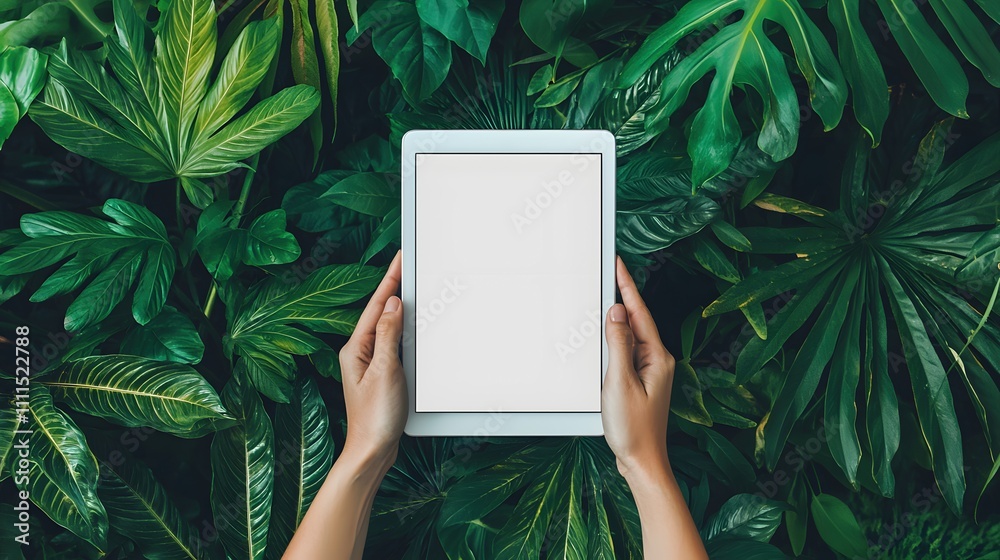 Mockup of hands holding tablet computer on green plant background Mockup of hands holding tablet computer on green plant background