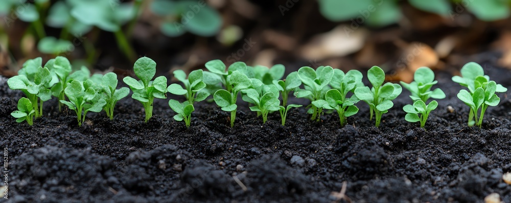 Young plants sprouting from rich, dark soil, representing the vital role of soil conservation in sustainable agriculture, vibrant and thriving natural scene Young plants sprouting from rich, dark soil, representing the vital role of soil conservation in sustainable agriculture, vibrant and thriving natural scene