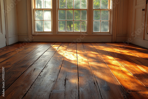 Sunlit Hardwood Floor In A Room With Large Windows