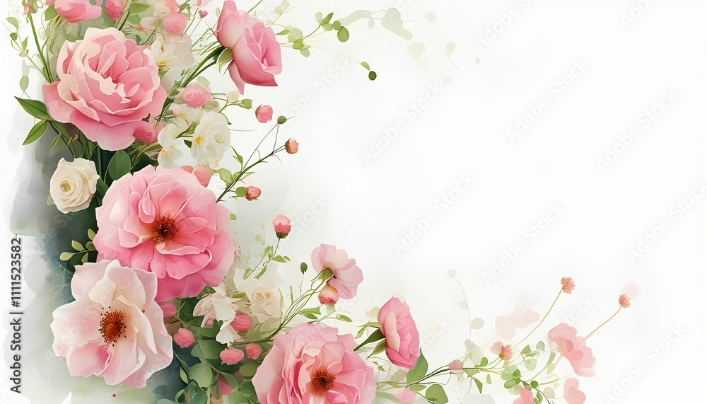 This elegant floral border features a cluster of soft pink flowers and buds, gracefully arranged against a white background. The delicate blooms create a romantic and feminine atmosphere.