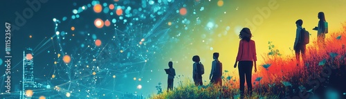 A diverse team of data scientists sowing seeds in a virtual landscape, symbolizing the planting of new technologies and datadriven innovations, vibrant and detailed photo