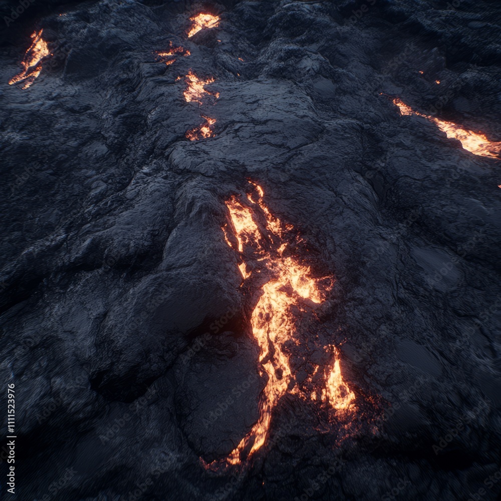 Molten lava flows through dark volcanic rock. Molten lava flows through dark volcanic rock.