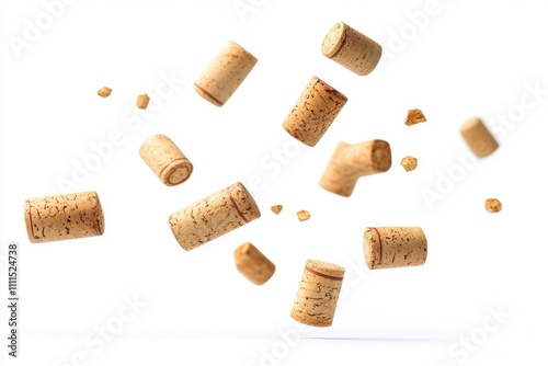 Flying falling wine corks isolated on a white background