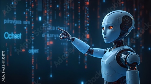 Futuristic Childlike Robot Interacting with a Holographic Data Stream, Pointing to an Octal Code, Blue and Orange Hues, Sci-Fi Setting photo