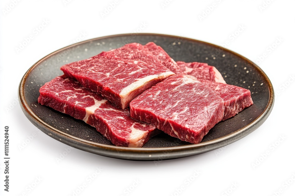 Fresh beef food Churrasco on plate isolated on a white background Fresh beef food Churrasco on plate isolated on a white background