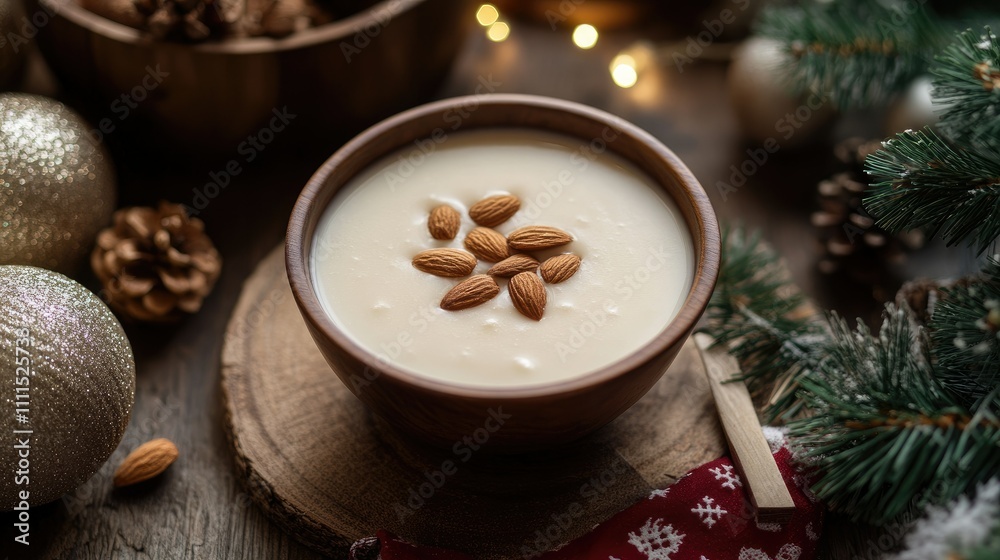 A bowl of creamy dessert topped with almonds, surrounded by festive decor. A bowl of creamy dessert topped with almonds, surrounded by festive decor.