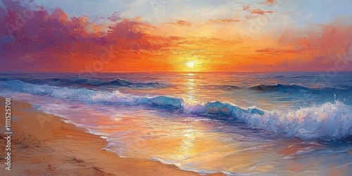 Serene Beach Sunset with Vibrant Colors and Gentle Waves Reflecting on Water