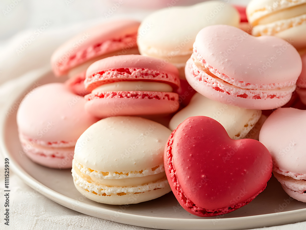 Sweetheart Macarons: A delightful close-up shot of delicate pink and white heart-shaped macarons, arranged on a plate Sweetheart Macarons: A delightful close-up shot of delicate pink and white heart-shaped macarons, arranged on a plate