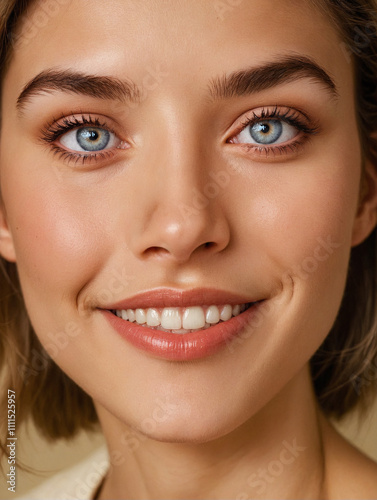 A close up of a smiling woman with blue eyes.