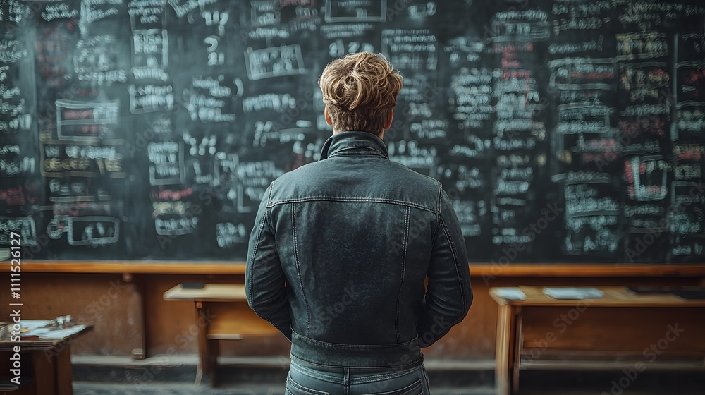 A man stands in front of a blackboard with question marks and scribbles, trying to figure out the details of his business plan A man stands in front of a blackboard with question marks and scribbles, trying to figure out the details of his business plan