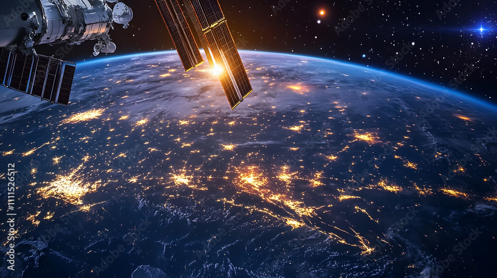 a view of the earth from space at night with a satellite a view of the earth from space at night with a satellite