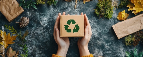 A person embracing an ecoconscious lifestyle, surrounded by renewable materials, recycling solutions, and natureinspired designs to reduce environmental footprint photo