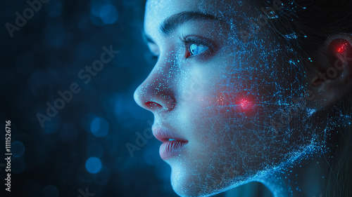 A woman's face is shown in a blue and red light. The woman's face is surrounded by a lot of dots, giving it a futuristic and otherworldly appearance